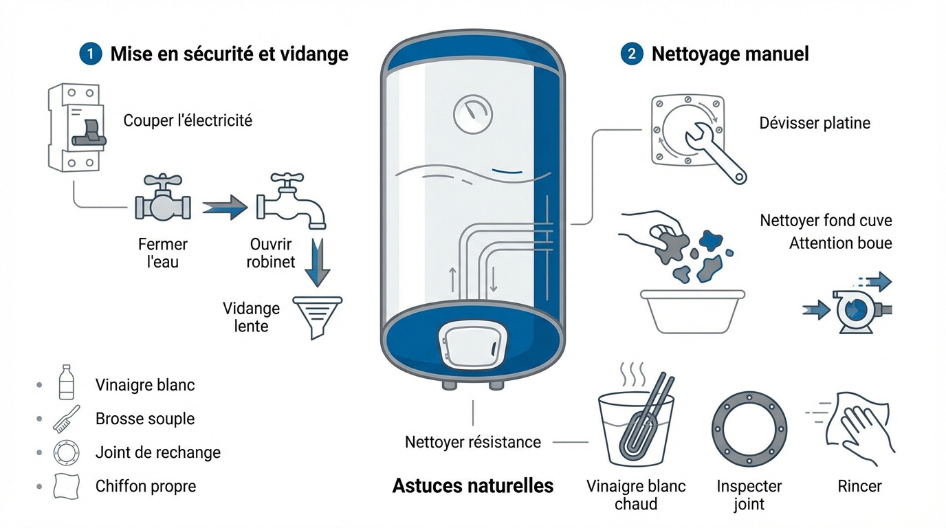 Étapes illustrées pour réussir le détartrage d'un chauffe-eau électrique