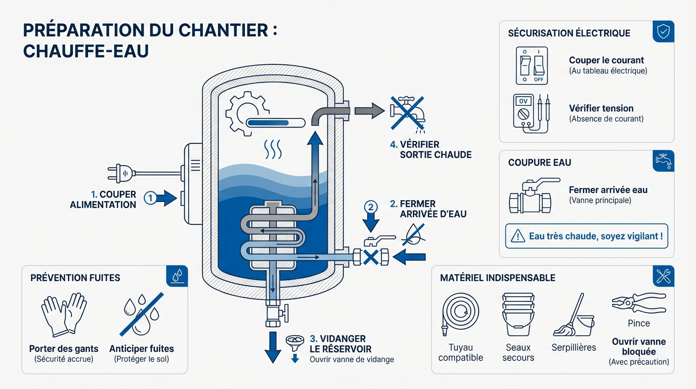 Préparation du matériel et sécurisation du chauffe-eau avant vidange